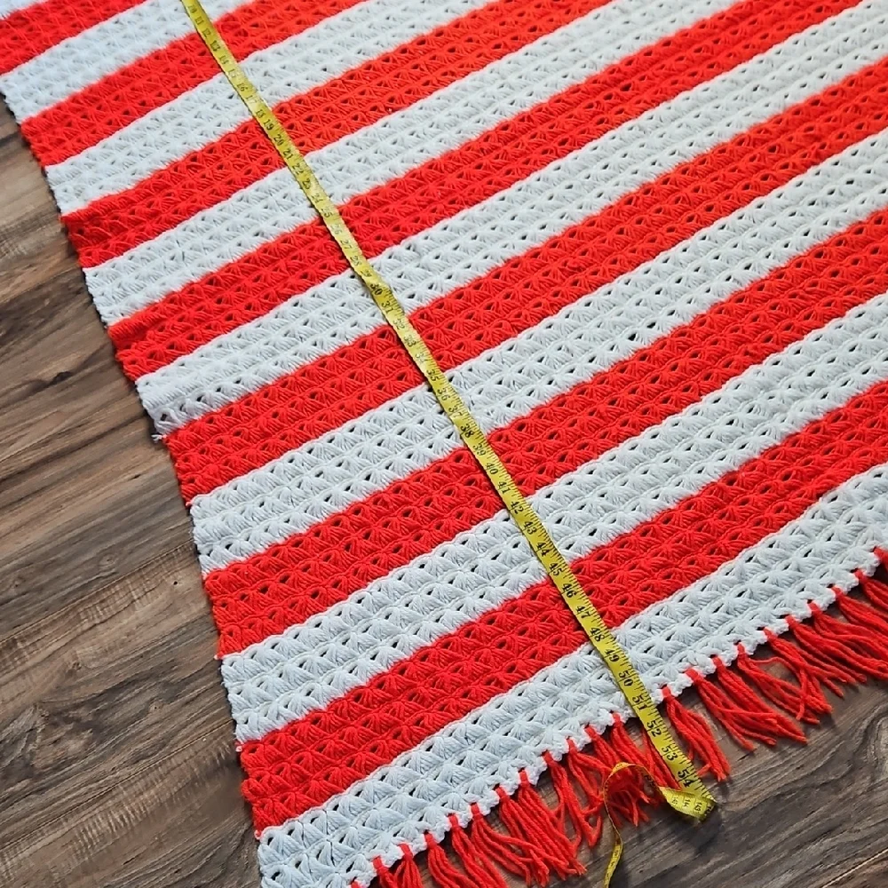 Crochet Handmade Red and White Knitted Throw Blanket